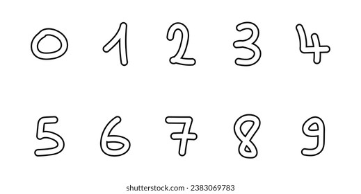 Cartoon set with different numbers 0 to 9. Zero, one, two, three, four, five, six, seven, eight, nine and ten numbers. Mathematics doodle hand writing  concept.