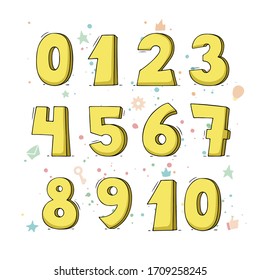 Cartoon set with different numbers. Doodle illustration about school and mathematics.