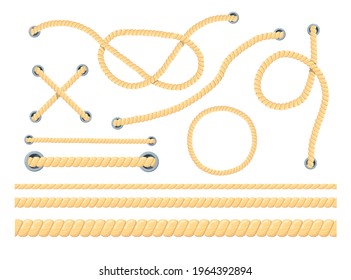 Cartoon set of different ropes flat vector illustration. Colorful collection of different types of cords, strings with loops and knots. Knot tying, tourism concept for border, banner design