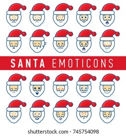 Cartoon set of different Santa Claus faces. Collection of Santa emoticons vector illustration.