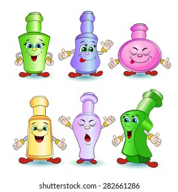 Cartoon set of different smiling bottles. 