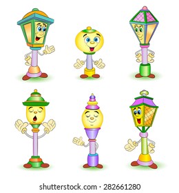 Cartoon set of different smiling street lamp and lantern. 