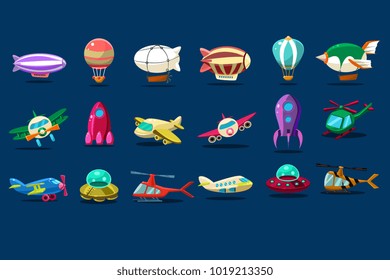 Conjunto de dibujos animados de diferentes tipos de aviones. Salchichas alienígenas, aviones, nave espacial, globos, helicópteros y pelinas. Diseño plano vectorial para la interfaz de juego móvil