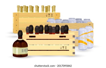 Cartoon-Set mit verschiedenen Arten alkoholischer Getränke. Vektorglasflaschen aus Wein, Absinth, Bier, Rum, Whiskey, Wodka, Champagner für den Transport zu Verkaufsstellen. Idee von Alkohol einzeln auf Weiß