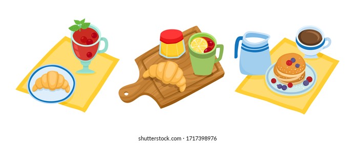 Dibujo con diferentes tipos de desayuno aislado de fondo blanco. 
