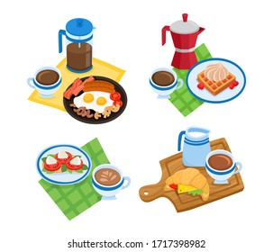Cartoon set with different types of breakfast isolated on white background. 