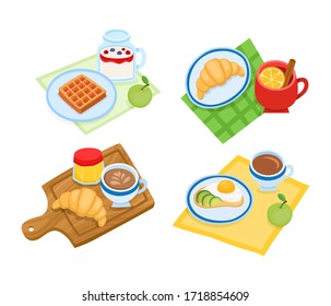 Cartoon set with different types of breakfast isolated on white background. Color vector pancakes, waffle, croissant and sandwich use for label and menu cafe.