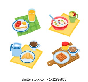 Cartoon set with different types of breakfast isolated on white background. Color vector pancakes, waffle, croissant and sandwich use for label and menu cafe.