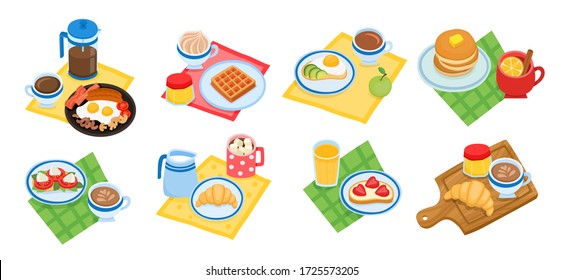 Cartoon set with different types of breakfast isolated on white background. Color vector pancakes, waffle, croissant and sandwich use for label and menu cafe.