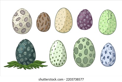 Cartoon set with dinosaur or dragon eggs. Flat children s illustration of fossils. Vector isolated drawing.