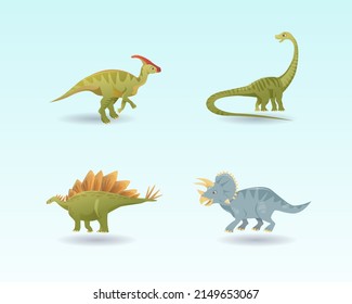 Cartoon set of dinosaurs. Collection of cute dinosaur icons. Colored vector herbivores. Flat vector illustration isolated on a white background.