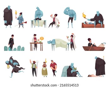 cartoon set with doctor and coming to life monster in different situations isolated against white background vector illustration