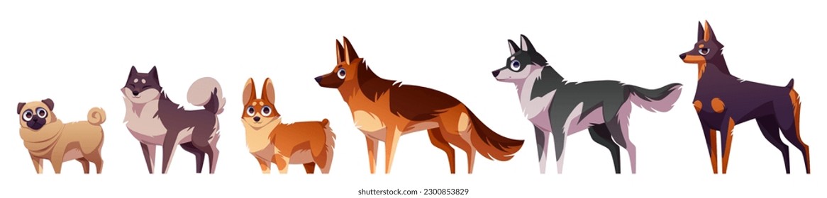 Cartoon set of dog breeds isolated on white background. Vector illustration of doberman, huski, German shepherd, Welsh corgi, pug with happy muzzles. Smart and funny pets, mascot animals. Best friend