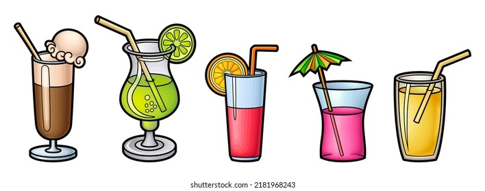 Cartoon set of doodle beverages. Summer beach drinks vector funny illustration. Isolated on white background