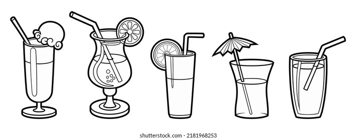 Cartoon set of doodle beverages. Summer beach drinks vector funny illustration. 
