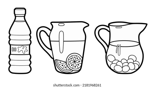 Cartoon set of doodle beverages. Summer beach drinks vector funny illustration. 