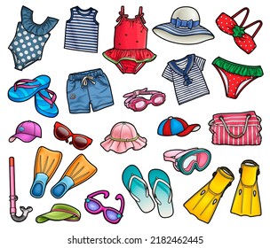 Cartoon set of doodle clothes, shoes, accessories. Summer objects vector funny illustration. Isolated on white background