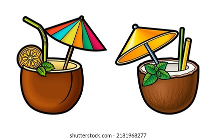 Cartoon set of doodle coconuts. Summer beach food vector funny illustration. Isolated on white background