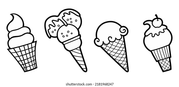 Cartoon set of doodle ice cream. Summer beach food vector funny illustration.