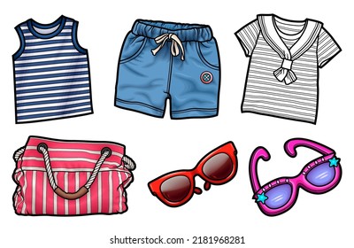 Cartoon set of doodle summer clothes and acessories. Vector funny illustration. Isolated on white background
