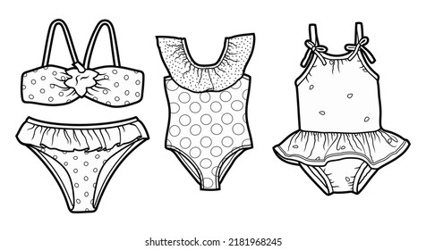 Cartoon set of doodle summer kids swimsuits. Vector funny illustration. 