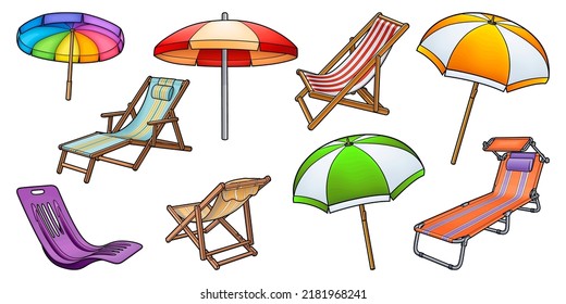 Cartoon set of doodle sun loungers and parasols. Summer beach objects vector funny illustration. Isolated on white background