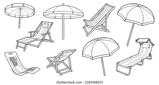 Cartoon Set Doodle Sun Loungers Parasols Stock Vector (Royalty Free ...