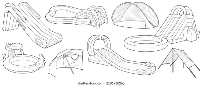 Cartoon set of doodle water inflatable slides, tents, pool. Summer beach objects vector funny illustration