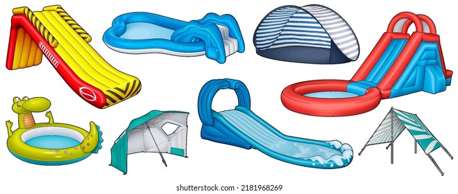 Cartoon set of doodle water inflatable slides, tents, pool. Summer beach objects vector funny illustration. Isolated on white background