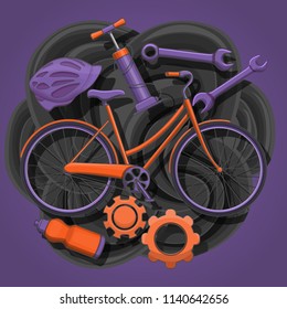 a cartoon set of doodles on a bicycle theme. Colour, detailed. All objects are separate. Vector illustration.