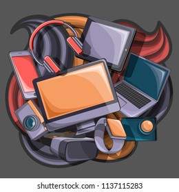 a cartoon set of doodles on a gadget theme. Colour, detailed. All objects are separate. Vector illustration.