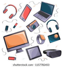 A Cartoon Set Of Doodles On A Gadget Theme. Colour, Detailed. All Objects Are Separate. Vector Illustration.