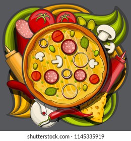 a cartoon set of doodles on a pizza theme. Colour, detailed. All objects are separate. Vector illustration.