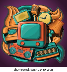 a cartoon set of doodles on a retro theme. Colour, detailed. All objects are separate. Vector illustration.