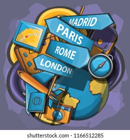 a cartoon set of doodles on a tourism theme. Colour, detailed. All objects are separate. Vector illustration.