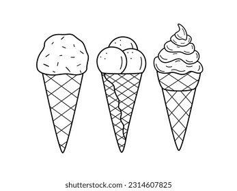 Cartoon set of drawings of ice cream in waffle cups cone. Vector doodle illustration of a summer dessert sketch.