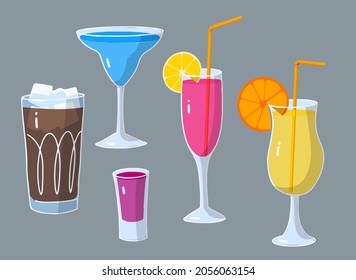 Cartoon set of drinks, glass of cocktail with piece of fruit