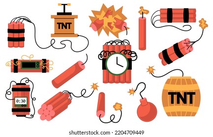 Cartoon Set von Dynamit und Zt Sprengstoff mit Timer und Sicherung. Sammlung von Feuerbomben und gefährlichen Waffen zu zerstören. Spielsymbole für Zerstörung und gefährliche brennende Objekte Vektorgrafik