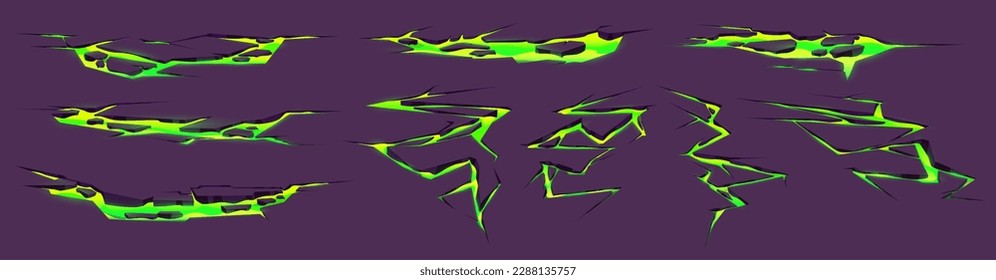 Cartoon set of earthquake cracks with green toxic substance inside. Vector illustration of holes on ground, mountain, wall surface, dangerous poison glowing with neon light. Game design elements