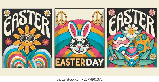Cartoon set of Easter posters in retro 90s aesthetic. Sun, eggs, flowers, rainbow, colorful. Happy easter day cards in funky groovy style