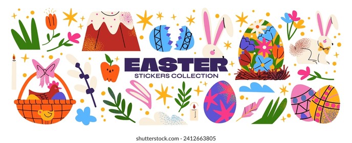 Viñeta de emoticones de Pascua al estilo retro abstracto de los años 90. Elementos de primavera, conejos, huevos, fiesta cristiana, cestas de Pascua, flores. Ilustración de la curva vectorial