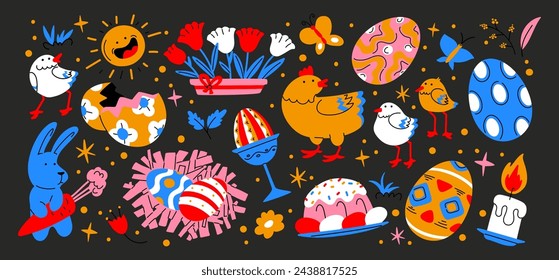 Cartoon set of Easter stickers in abstract 90s retro style. Spring elements, rabbits, eggs, Christian holiday, Easter baskets, flowers. Vector groovy illustration