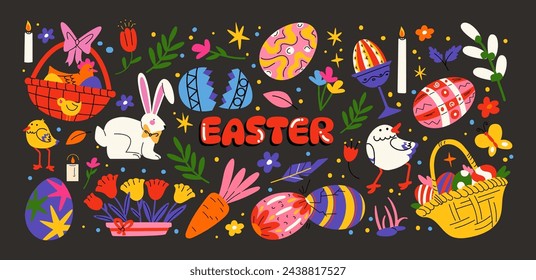 Conjunto de dibujos animados de pegatinas de Pascua en estilo retro abstracto de los años 90. Elementos de primavera, conejos, huevos, fiesta cristiana, cestas de Pascua, flores. Ilustración magnífica del vector