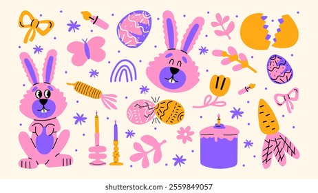 Cartoon set of Easter stickers in abstract 90s retro style. Spring elements, rabbits, eggs, Christian holiday, Easter baskets, flowers. Vector groovy illustration