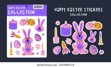 Cartoon set of Easter stickers in abstract 90s retro style. Spring elements, rabbits, eggs, Christian holiday, Easter baskets, flowers. Vector groovy illustration on an isolated background and a set