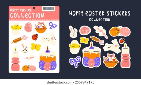 Cartoon set of Easter stickers in abstract 90s retro style. Spring elements, rabbits, eggs, Christian holiday, Easter baskets, flowers. Vector groovy illustration on an isolated background and a set 