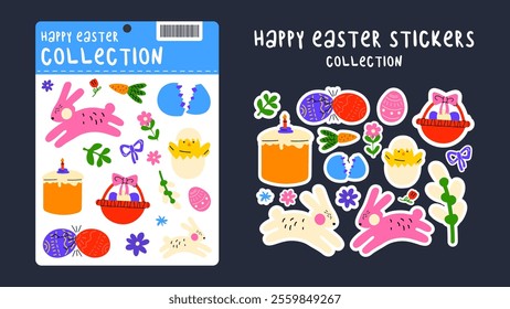 Cartoon set of Easter stickers in abstract 90s retro style. Spring elements, rabbits, eggs, Christian holiday, Easter baskets, flowers. Vector groovy illustration on an isolated background and a set o