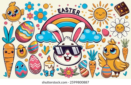 Cartoon set of Easter stickers. Spring elements, rabbit, eggs, chicken, flowers, rainbow, carrots. Shapes of the happy easter day, trendy colorful groovy style