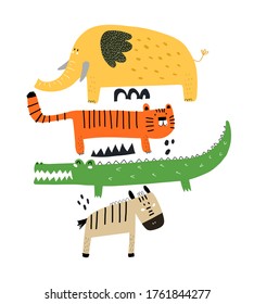 cartoon set with elephant, tiger, zebra, crocodile, decoration elements. colorful vector flat style illustration for kids. baby design for greetings cards, prints, posters, cover