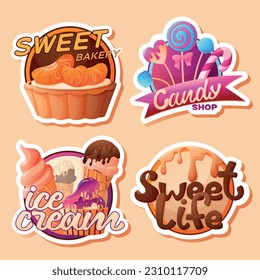 Cartoon set of emblems for candy shop with sweet bakery ice cream lollipops and biscuits isolated vector illustration
